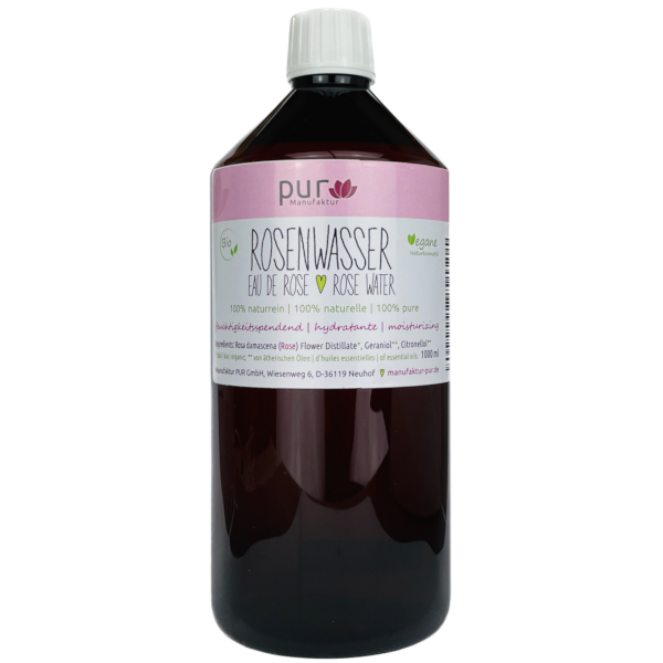 1000 ml Rosenwasser bio 100% naturreines Rosen-Hydrolat in PET-Flasche