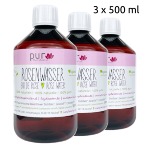 3er-Pack 500 ml Rosenwasser bio 100% naturreines Rosen-Hydrolat, 3 Stück à 500 ml