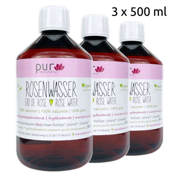 3er-Pack 500 ml Rosenwasser bio 100% naturreines Rosen-Hydrolat, 3 Stück à 500 ml